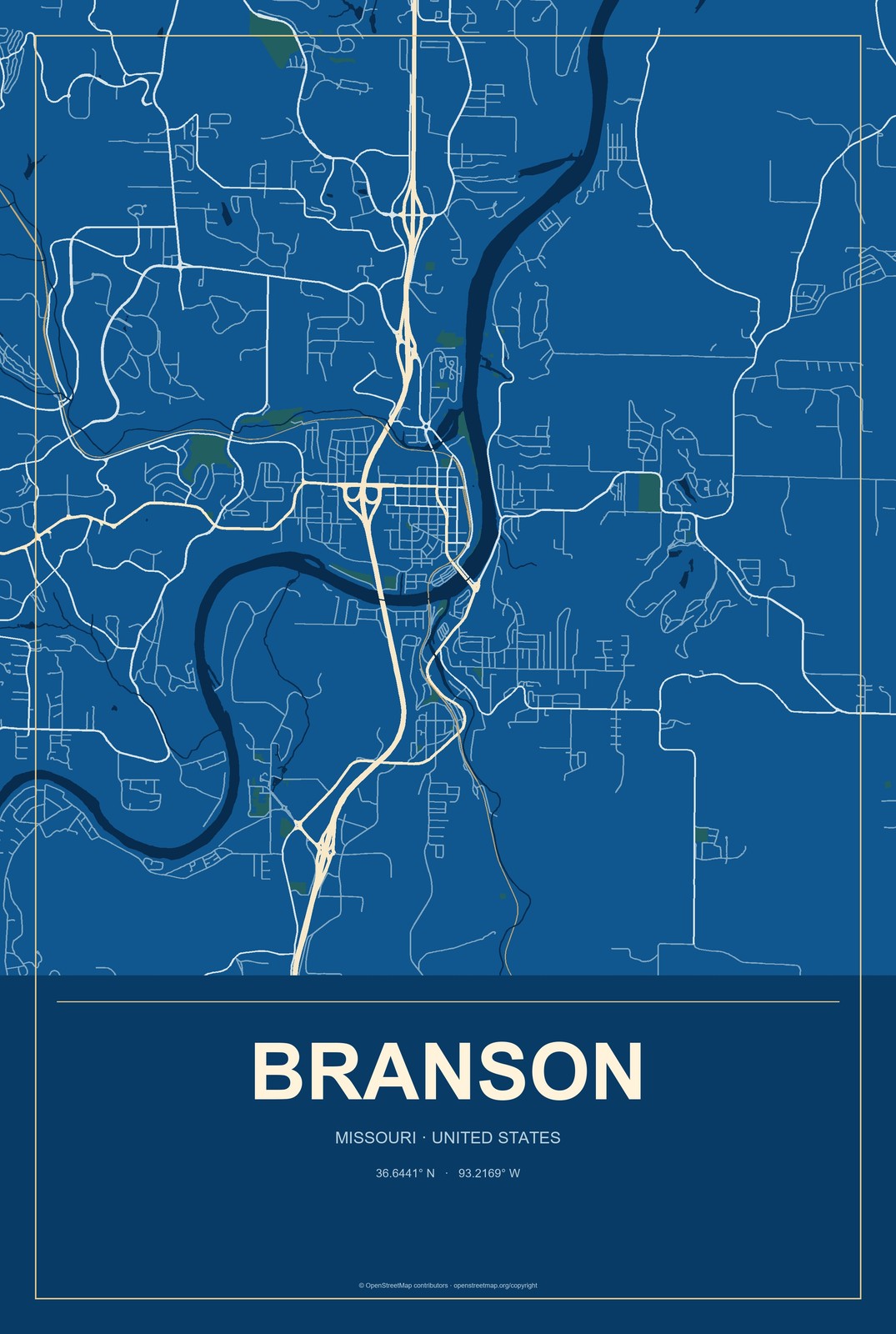 Branson, Missouri City Map Aluminum Sign in Harbor Cobalt style