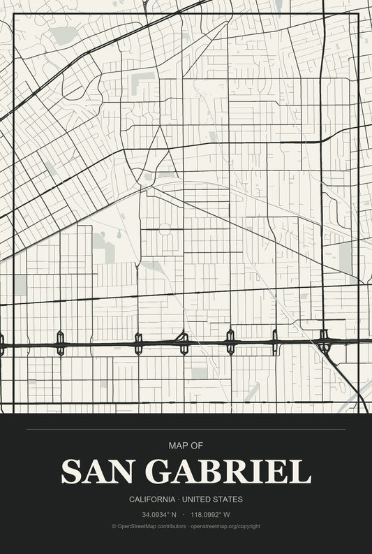 San Gabriel, California City Map Aluminum Sign in Museum Plaque style