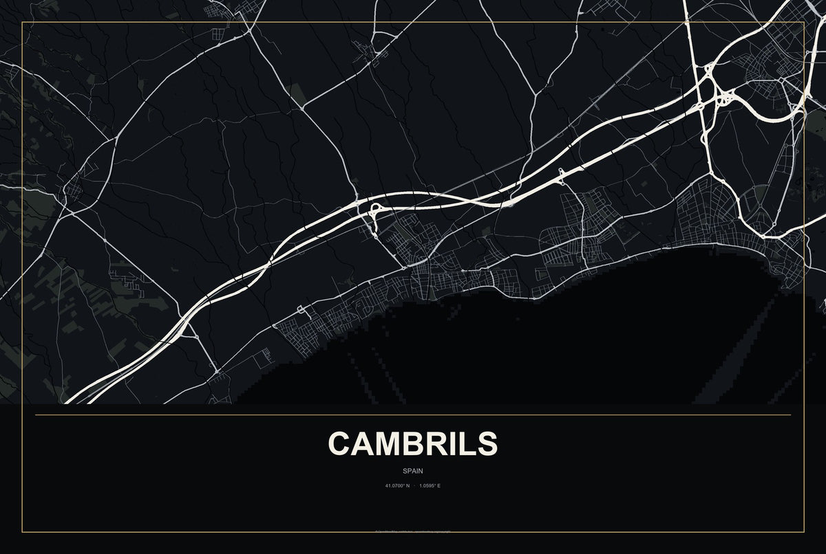 Cambrils, Spain City Map Aluminum Sign in Metropolitan Noir style