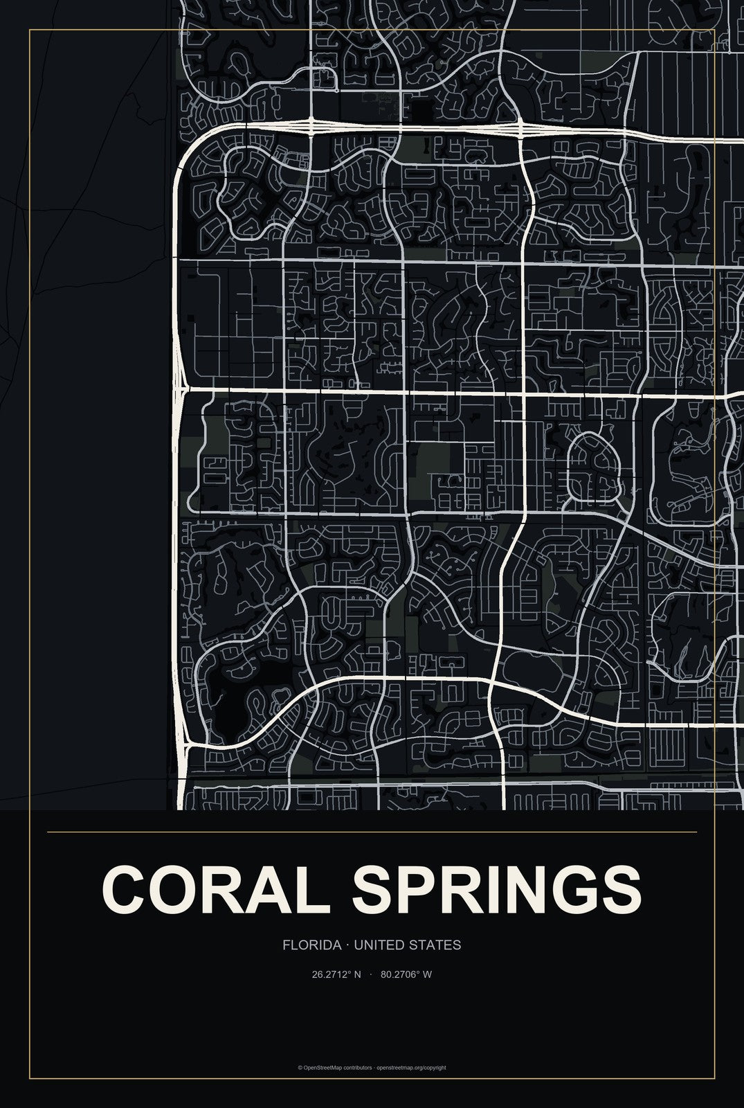 Coral Springs, Florida City Map Aluminum Sign in Metropolitan Noir style