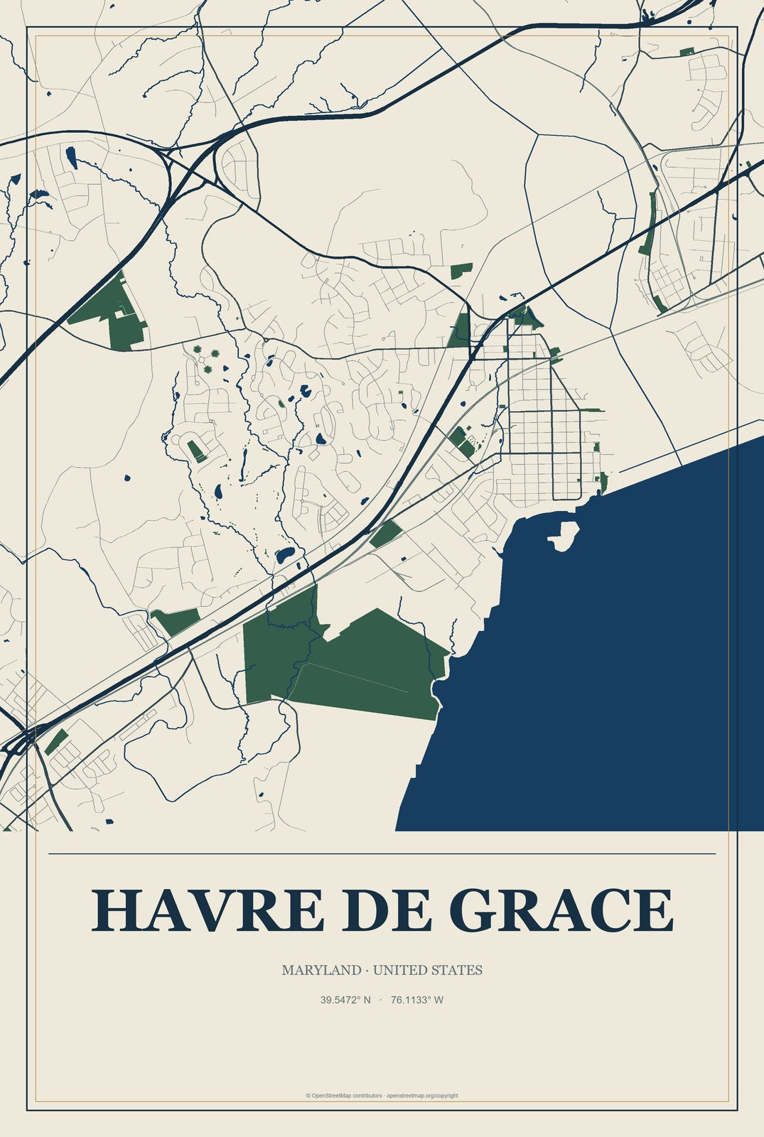 Havre de Grace, Maryland City Map Aluminum Sign in Coastal Cutout style