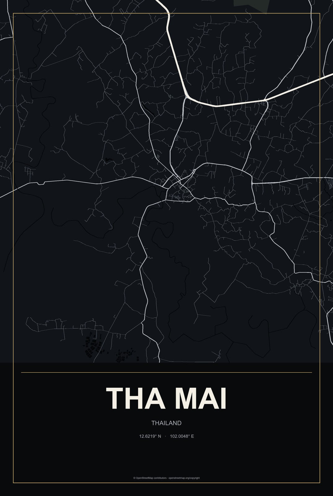 Tha Mai, Thailand City Map Aluminum Sign in Metropolitan Noir style