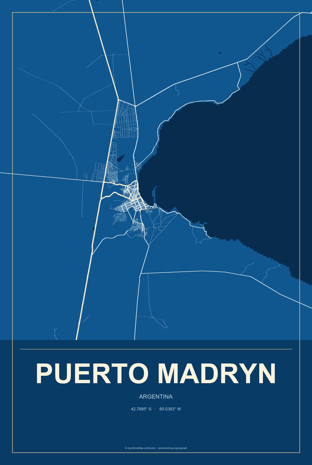 Puerto Madryn, Argentina City Map Aluminum Sign in Harbor Cobalt style