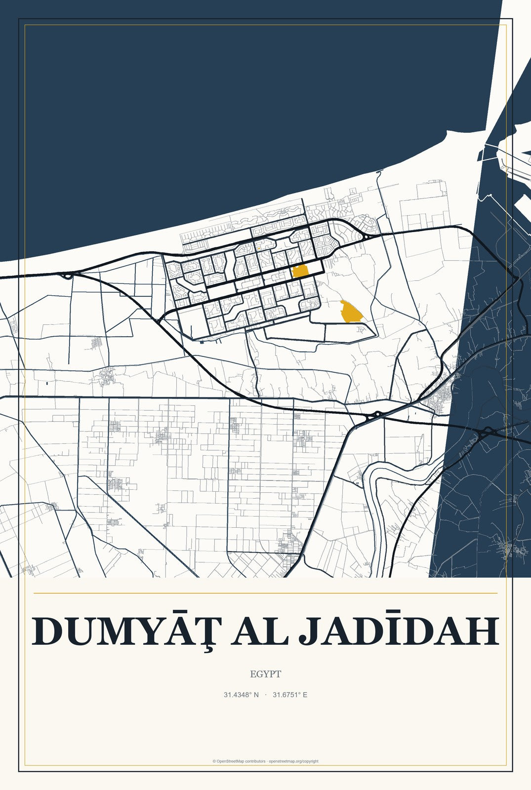 Dumyāţ al Jadīdah, Egypt City Map Aluminum Sign in Citrine Modern style