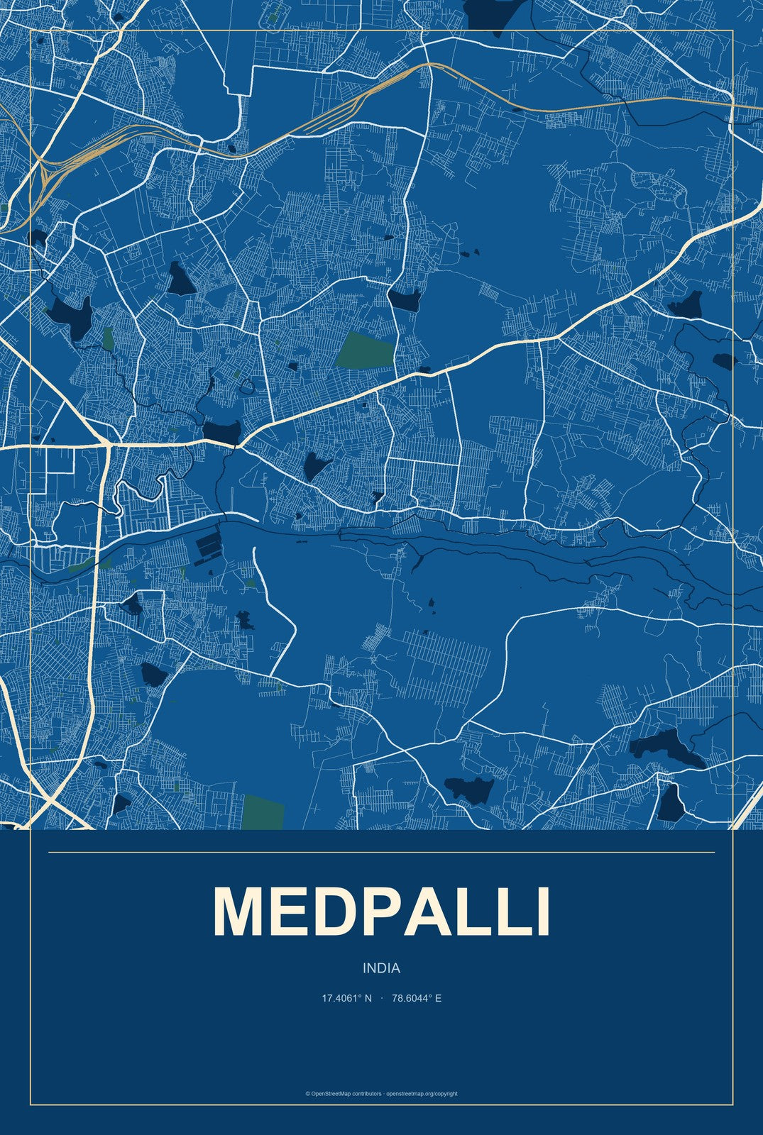 Medpalli, India City Map Aluminum Sign in Harbor Cobalt style
