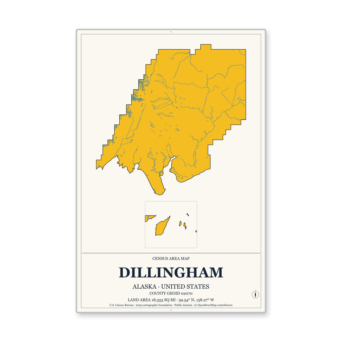 Dillingham Census Area, Alaska Map Aluminum Sign in Citrine Modern style