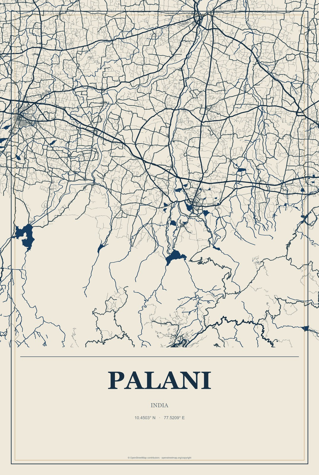 Palani, India City Map Aluminum Sign in Coastal Cutout style