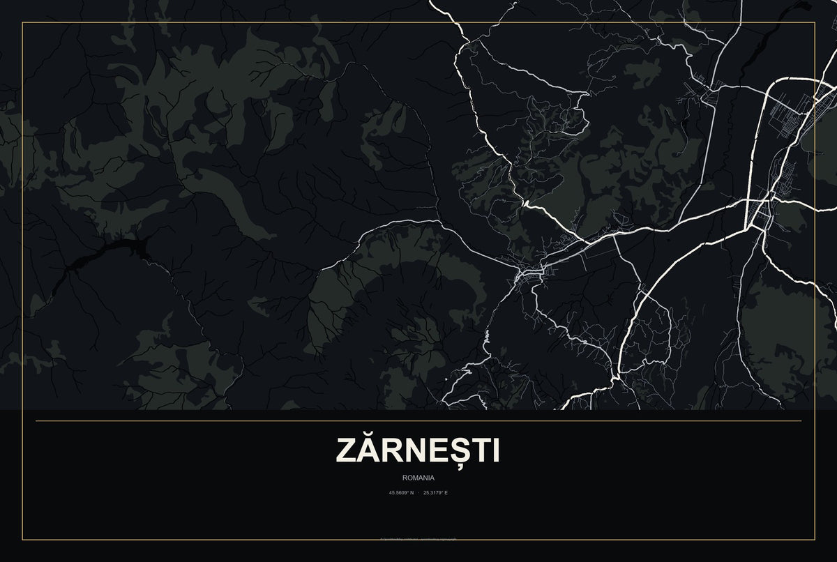 Zărnești, Romania City Map Aluminum Sign in Metropolitan Noir style