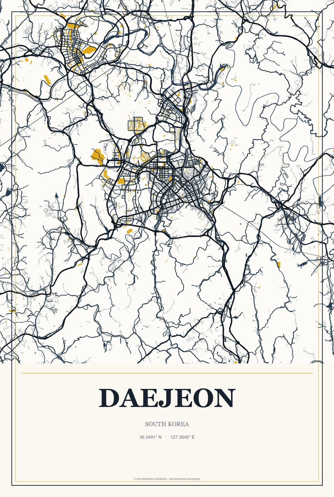 Daejeon, South Korea City Map Aluminum Sign in Citrine Modern style