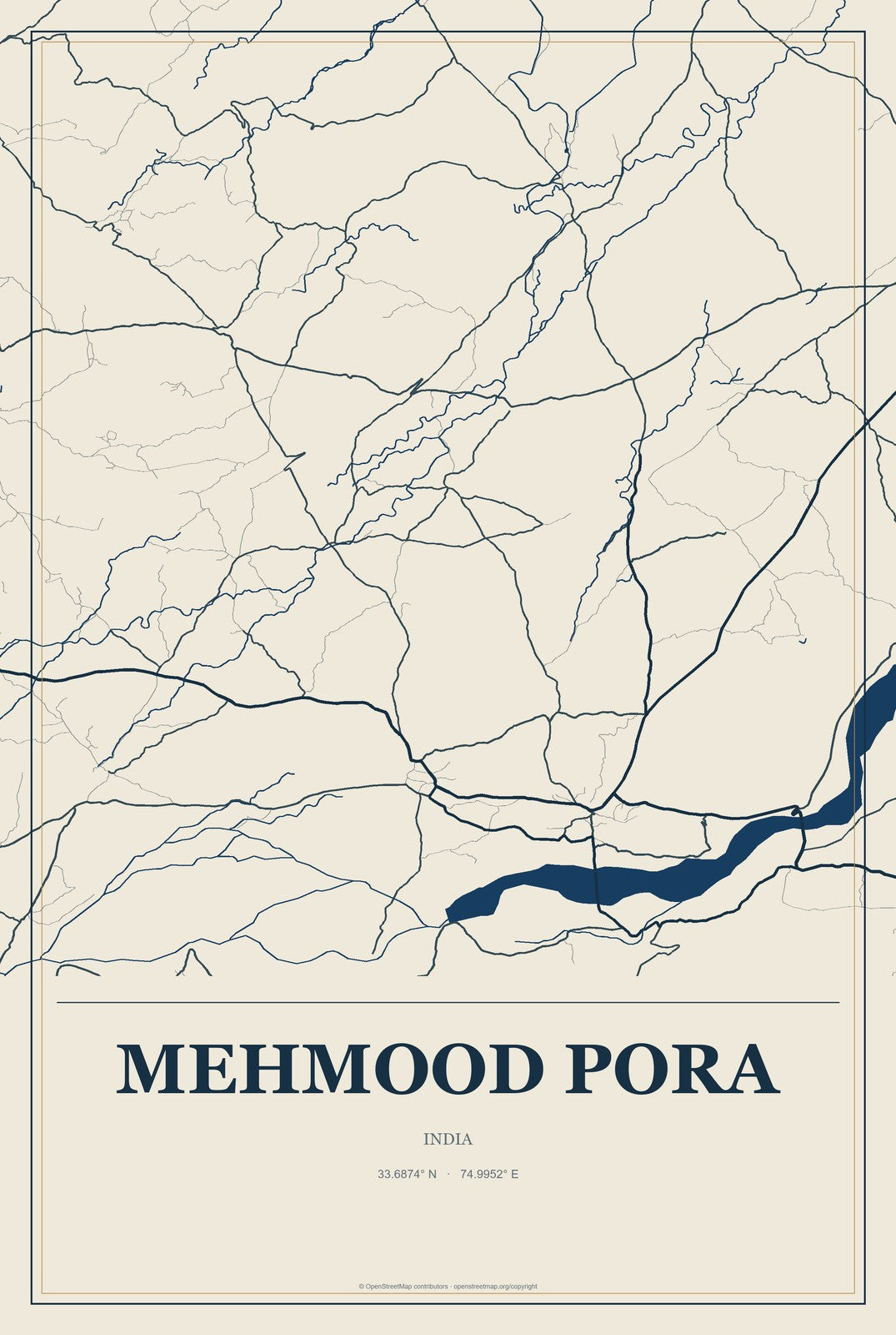 Mehmood Pora, India City Map Aluminum Sign in Coastal Cutout style
