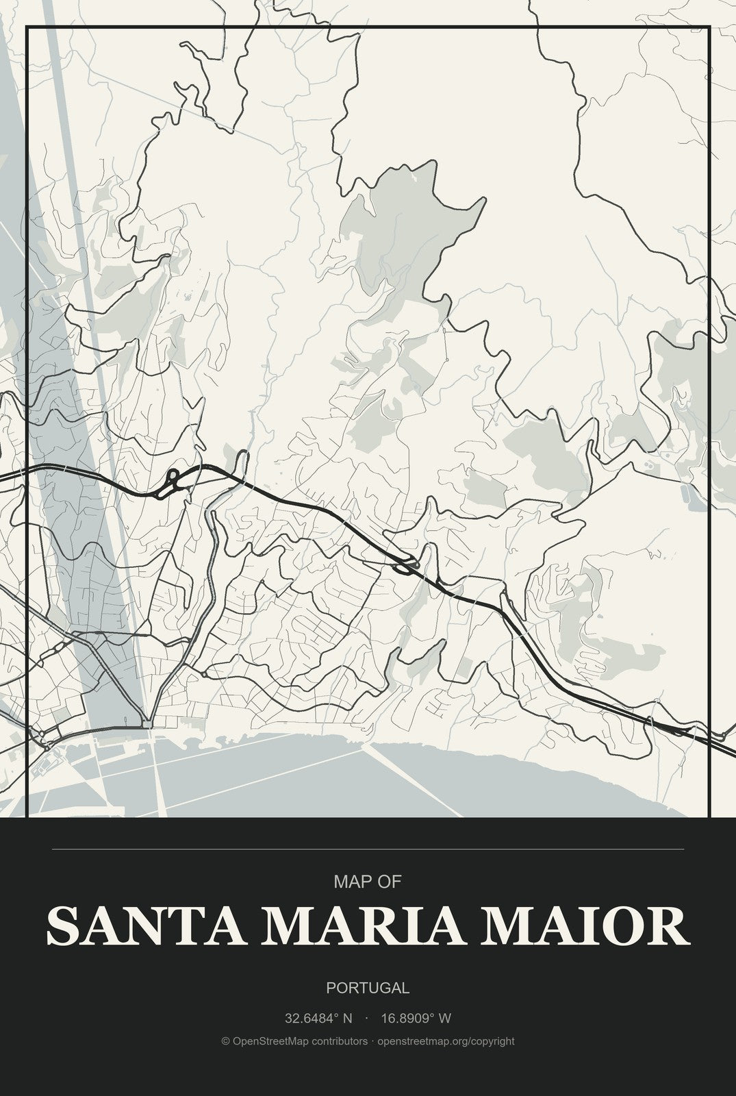 Santa Maria Maior, Portugal City Map Aluminum Sign in Museum Plaque style