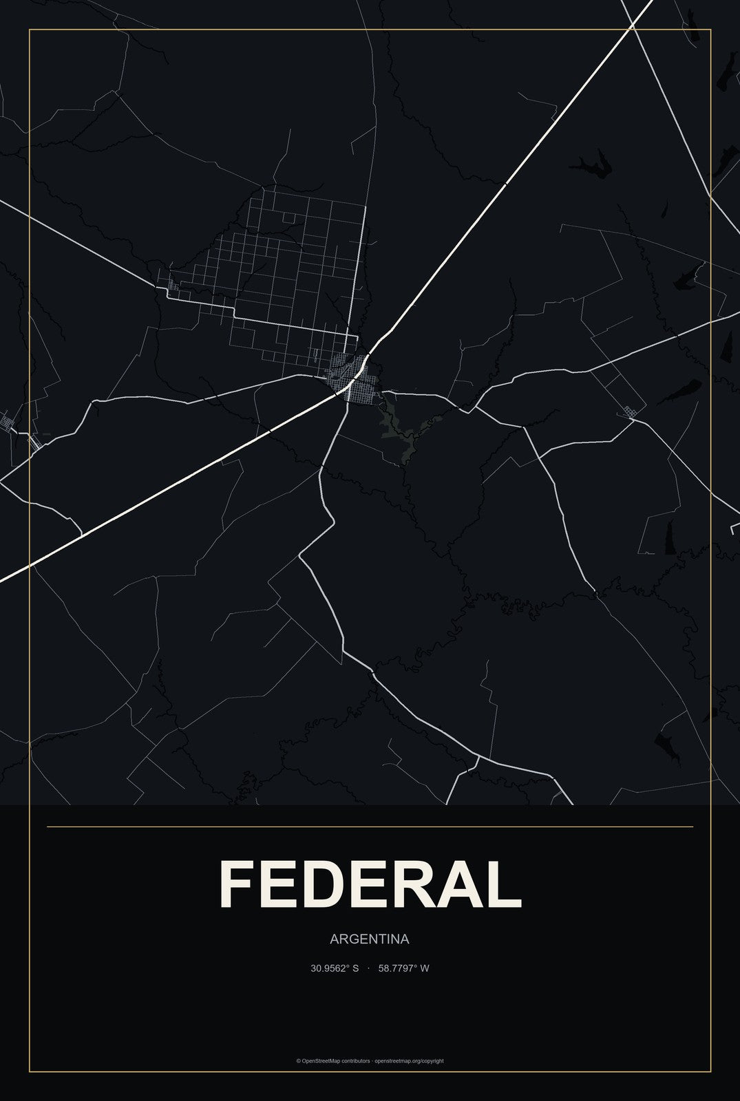 Federal, Argentina City Map Aluminum Sign in Metropolitan Noir style