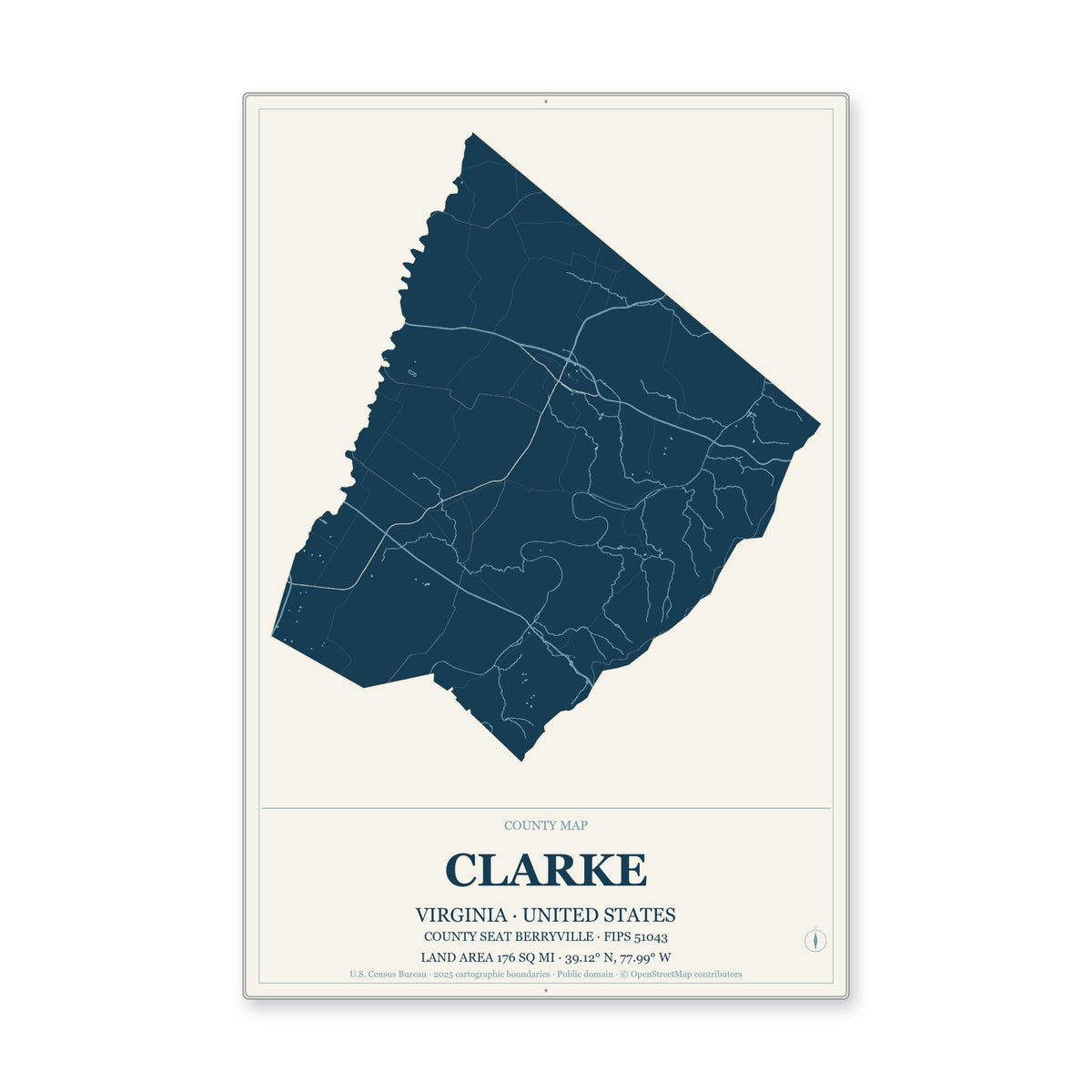 Clarke County, Virginia Map Aluminum Sign in Coastal Cutout style