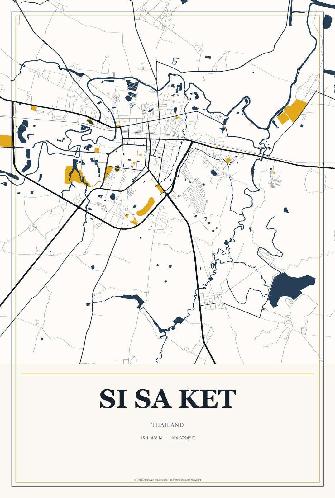 Si Sa Ket, Thailand City Map Aluminum Sign in Citrine Modern style