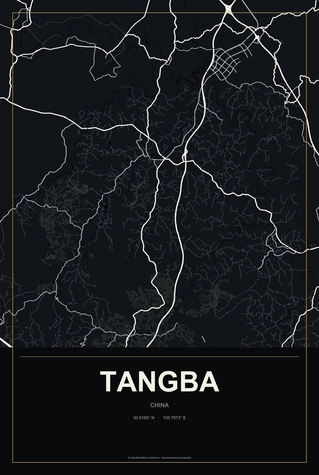 Tangba, China City Map Aluminum Sign in Metropolitan Noir style