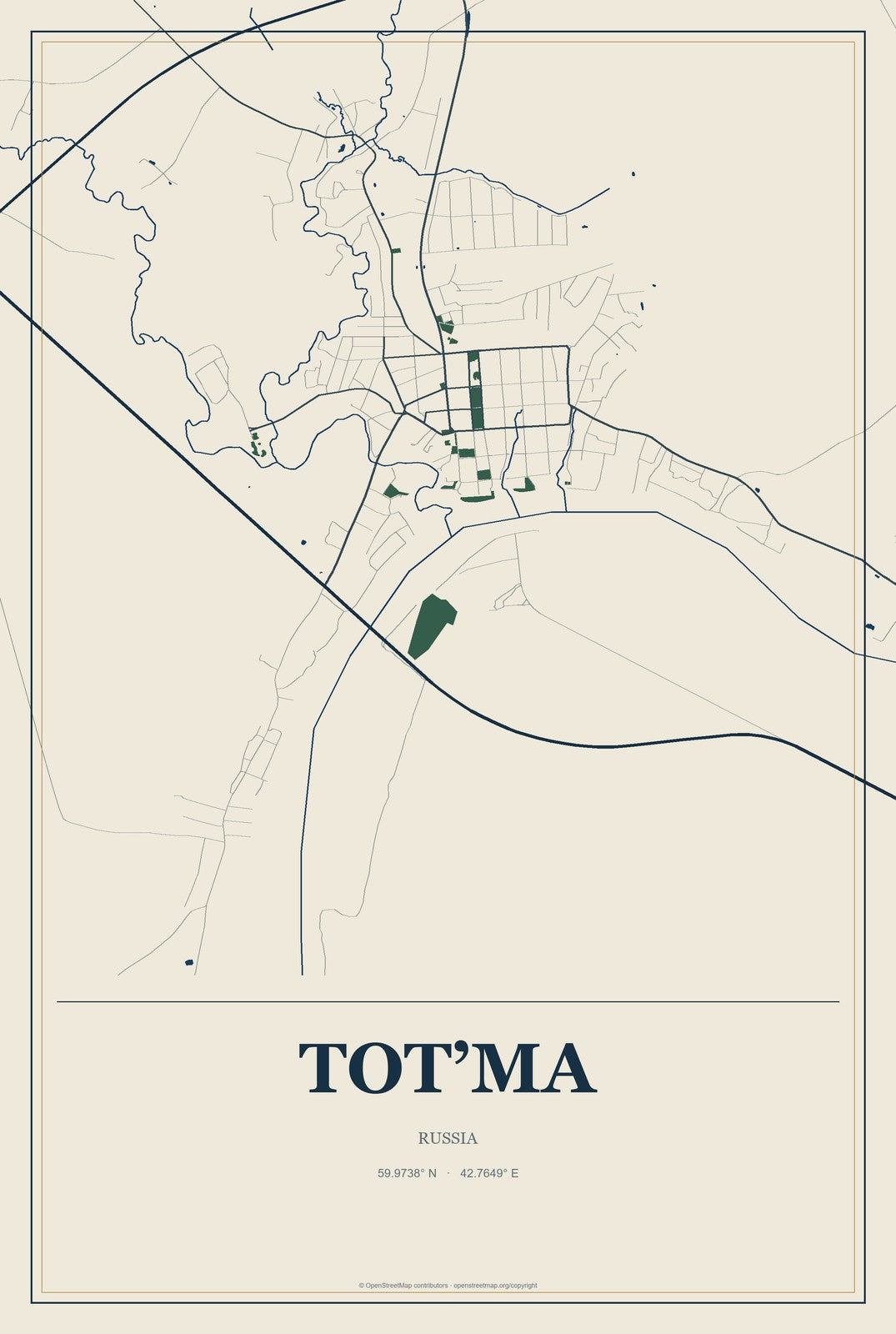 Tot’ma, Russia City Map Aluminum Sign in Coastal Cutout style