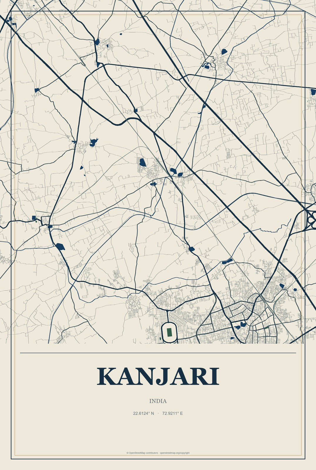 Kanjari, India City Map Aluminum Sign in Coastal Cutout style