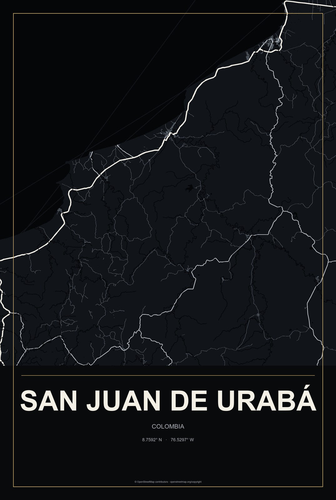 San Juan de Urabá, Colombia City Map Aluminum Sign in Metropolitan Noir style