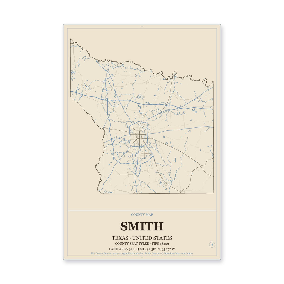 Smith County, Texas Map Aluminum Sign in Heritage Nautical style