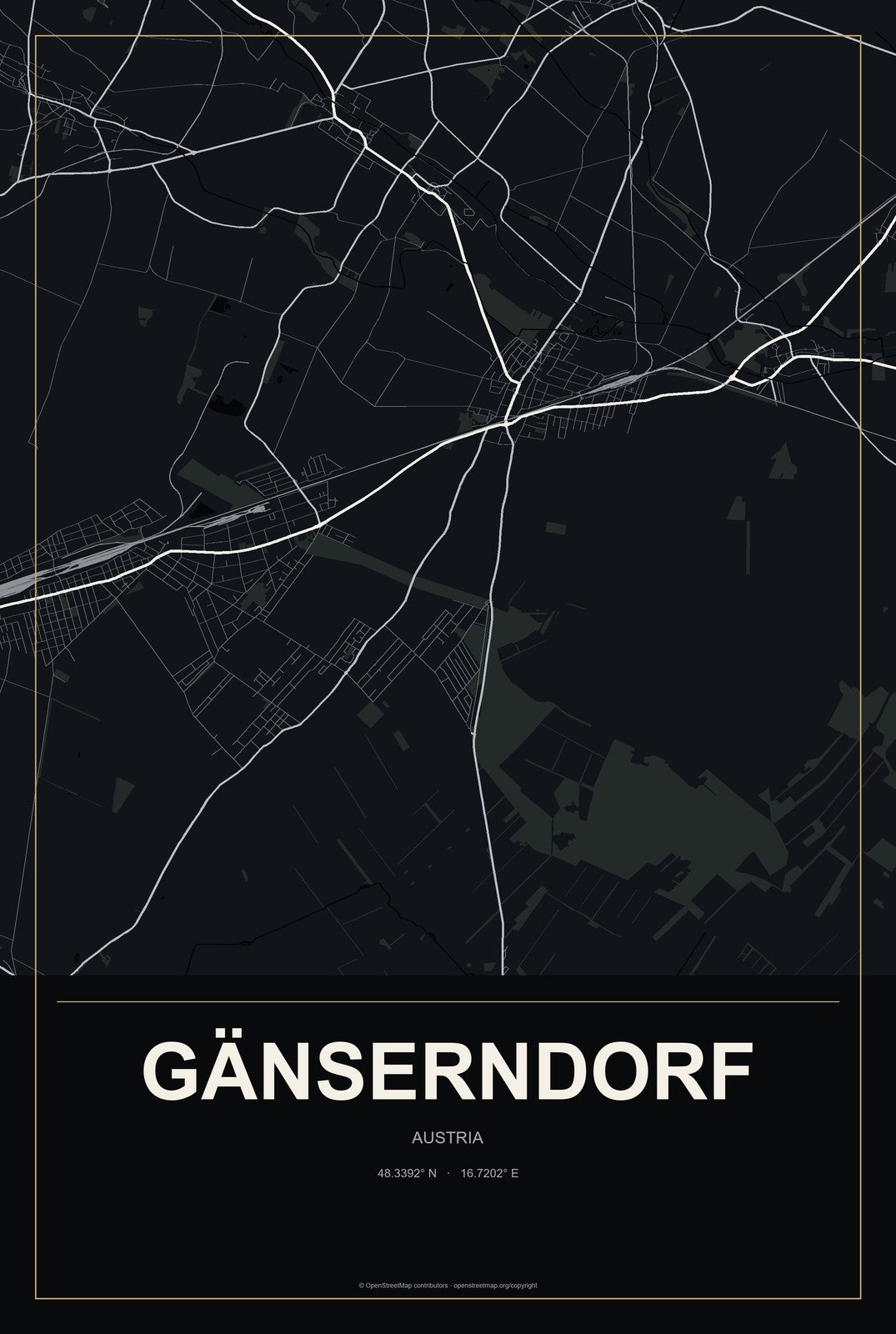 Gänserndorf, Austria City Map Aluminum Sign in Metropolitan Noir style