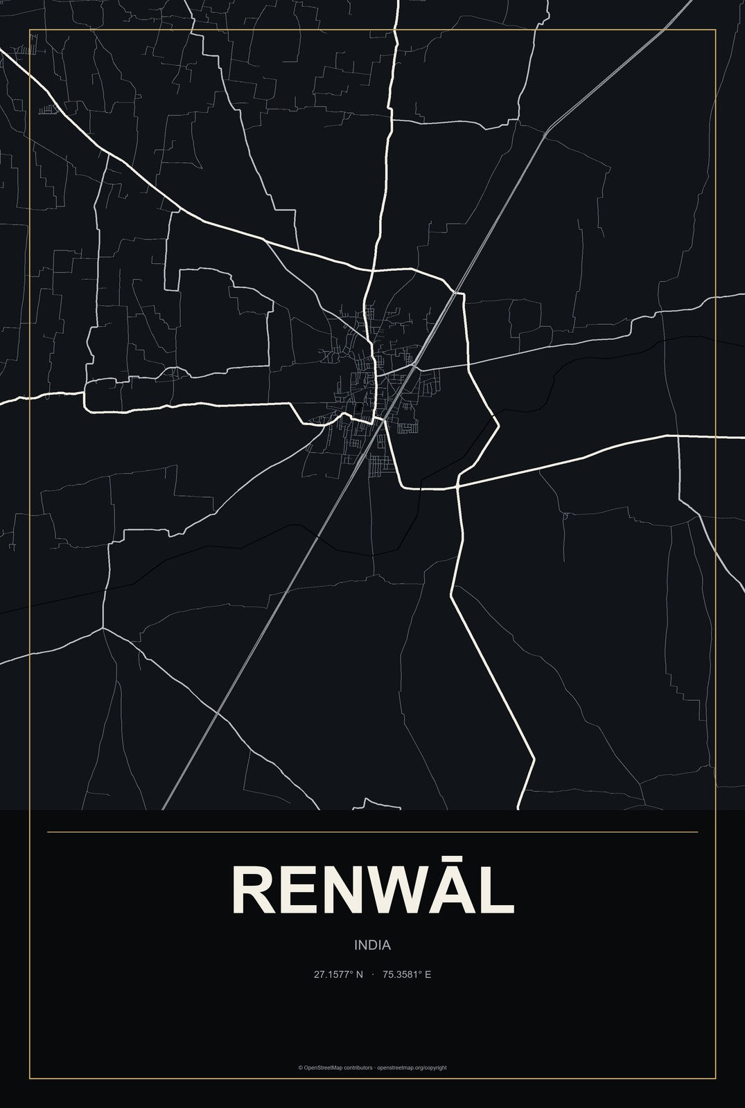 Renwāl, India City Map Aluminum Sign in Metropolitan Noir style