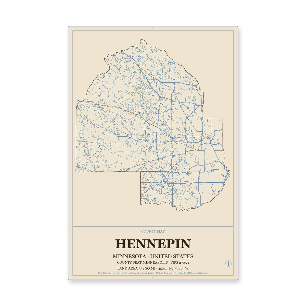 Hennepin County, Minnesota Map Aluminum Sign in Heritage Nautical style
