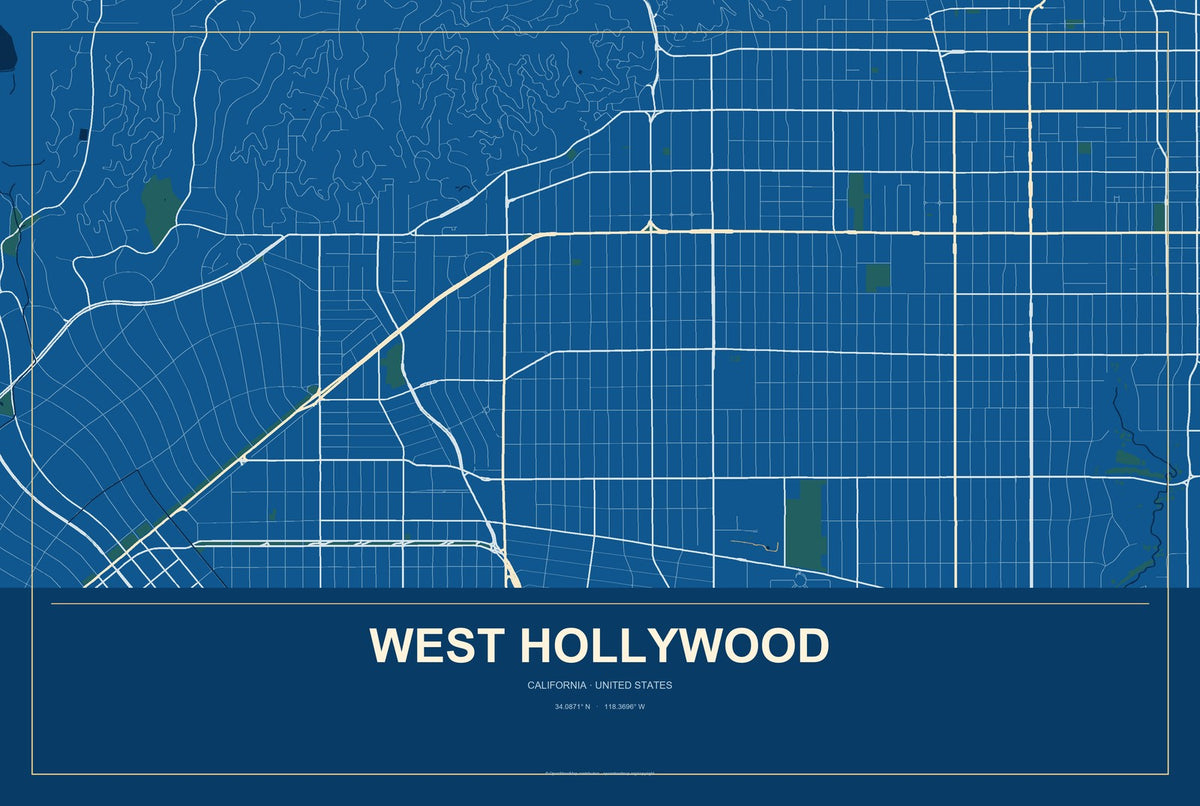 West Hollywood, California City Map Aluminum Sign in Harbor Cobalt style
