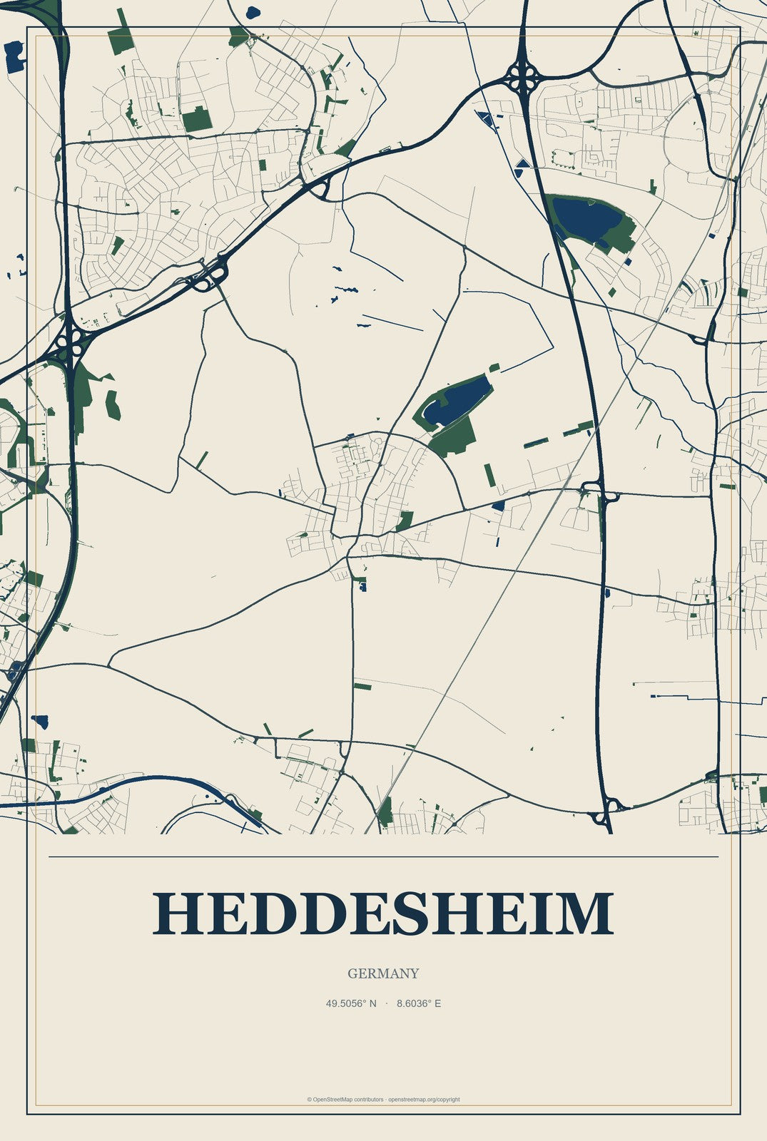 Heddesheim, Germany City Map Aluminum Sign in Coastal Cutout style