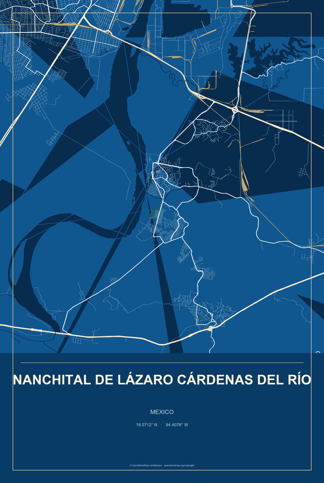 Nanchital de Lázaro Cárdenas del Río, Mexico City Map Aluminum Sign in Harbor Cobalt style