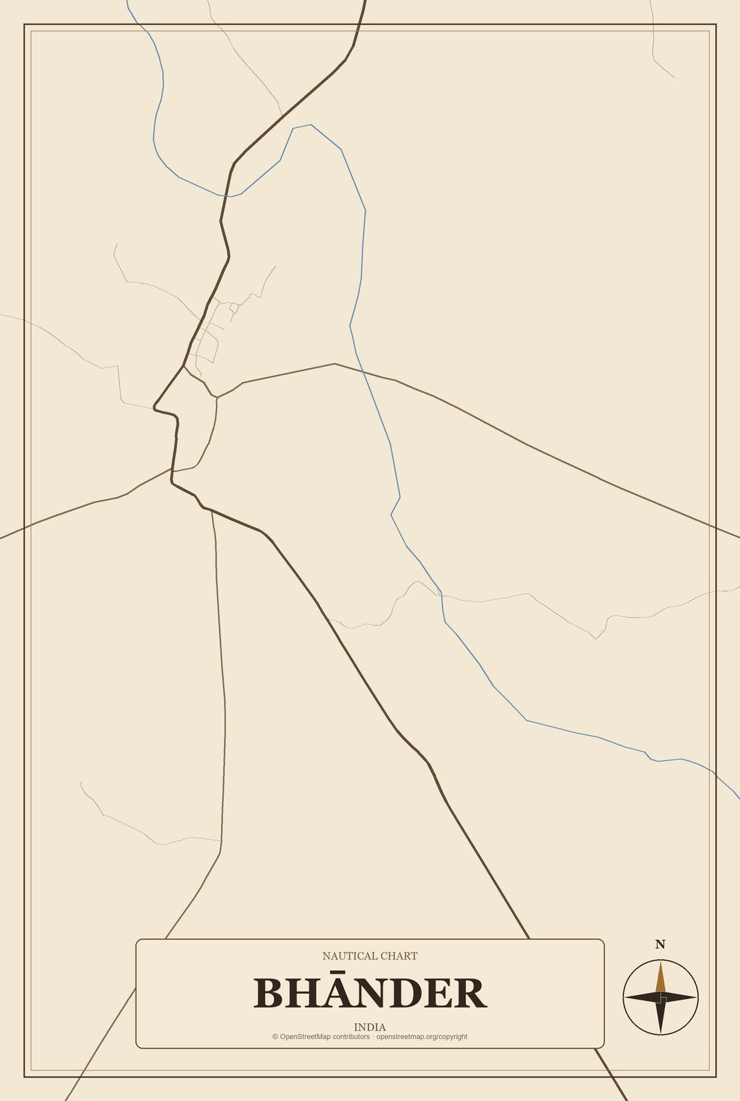 Bhānder, India City Map Aluminum Sign in Heritage Nautical style