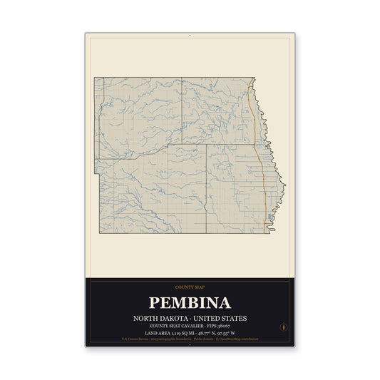 Pembina County, North Dakota Map Aluminum Sign in Museum Plaque style