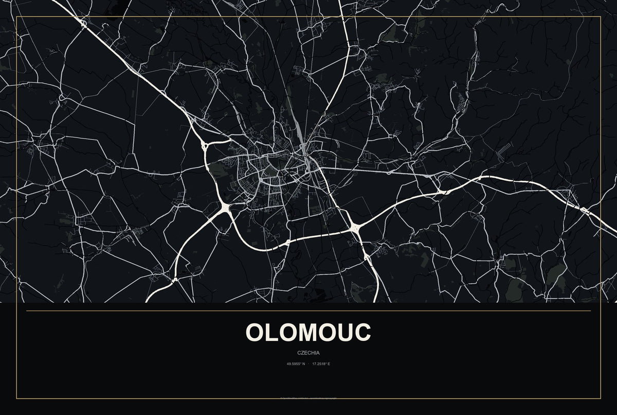 Olomouc, Czechia City Map Aluminum Sign in Metropolitan Noir style