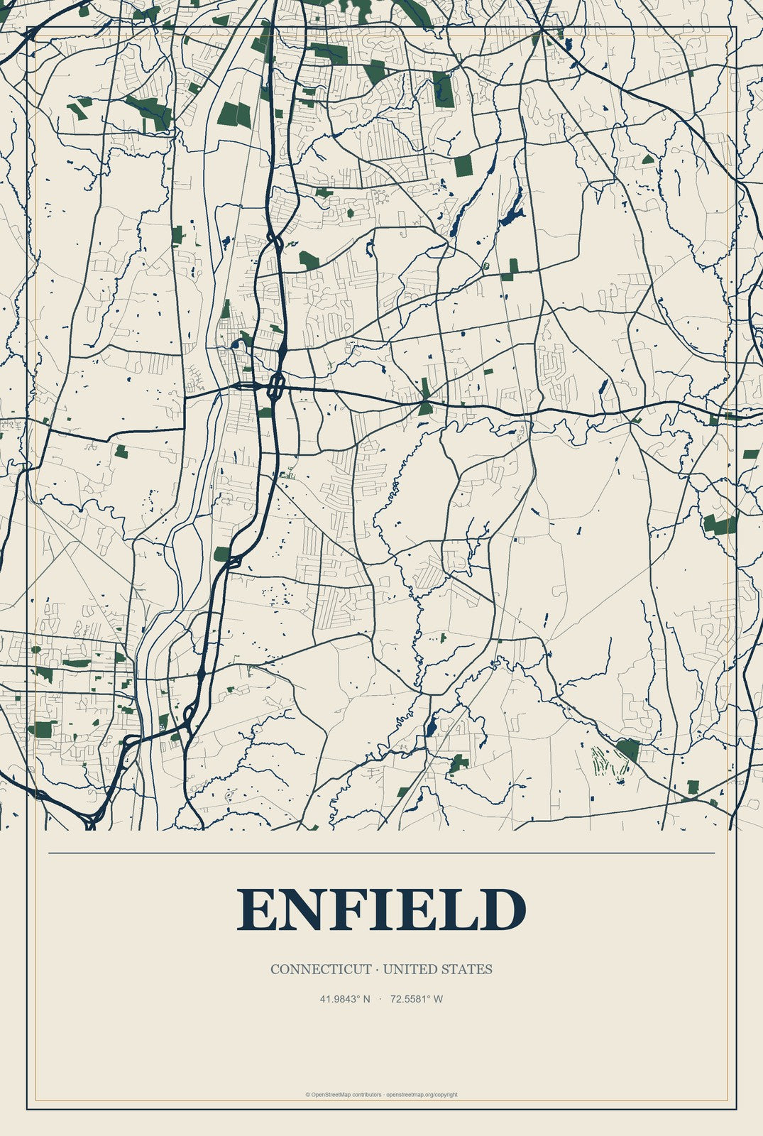 Enfield, Connecticut City Map Aluminum Sign in Coastal Cutout style