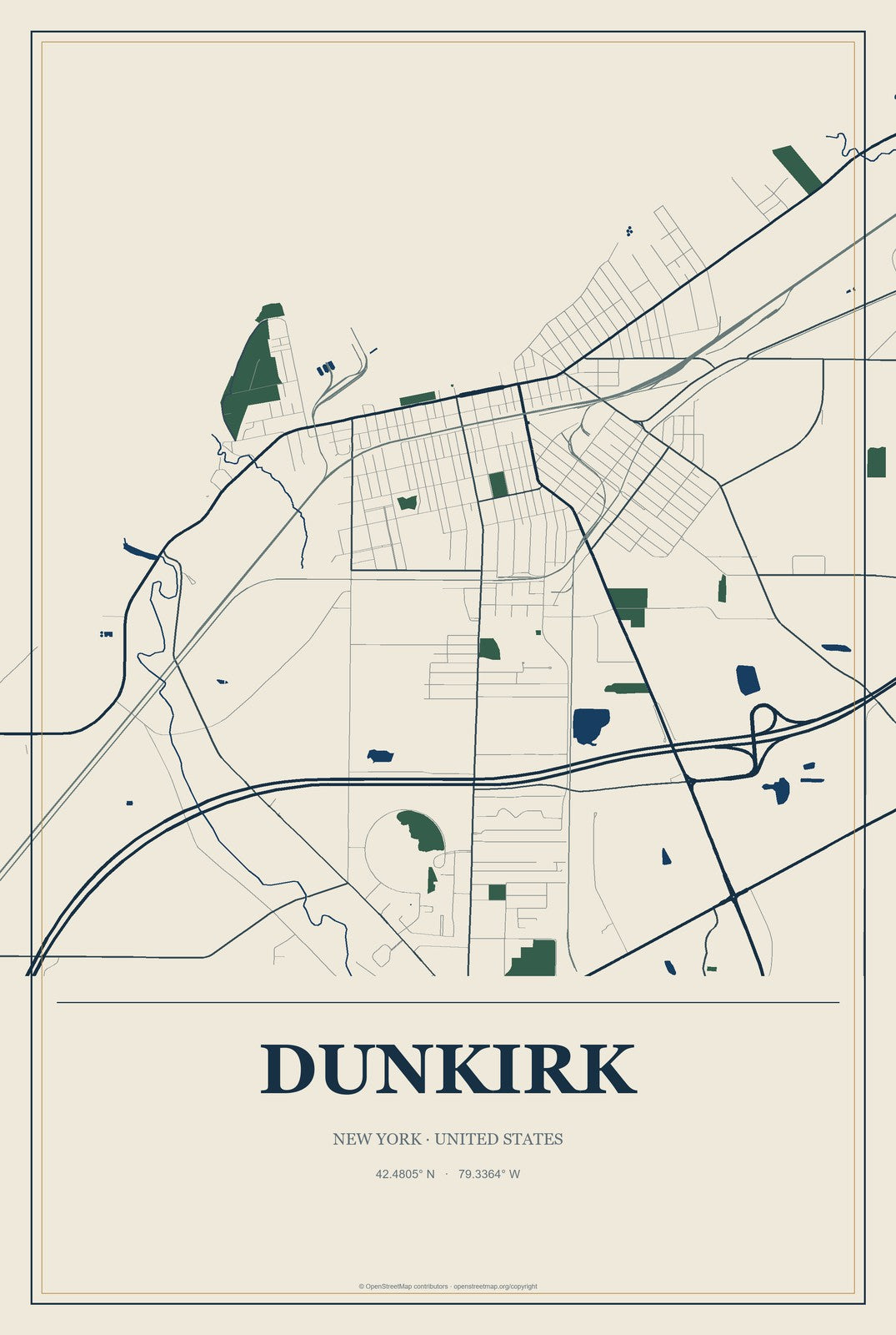 Dunkirk, New York City Map Aluminum Sign in Coastal Cutout style