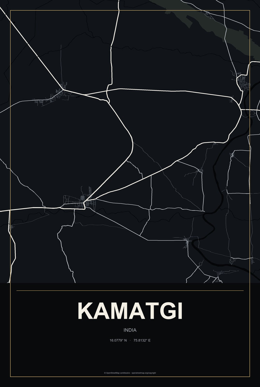 Kamatgi, India City Map Aluminum Sign in Metropolitan Noir style