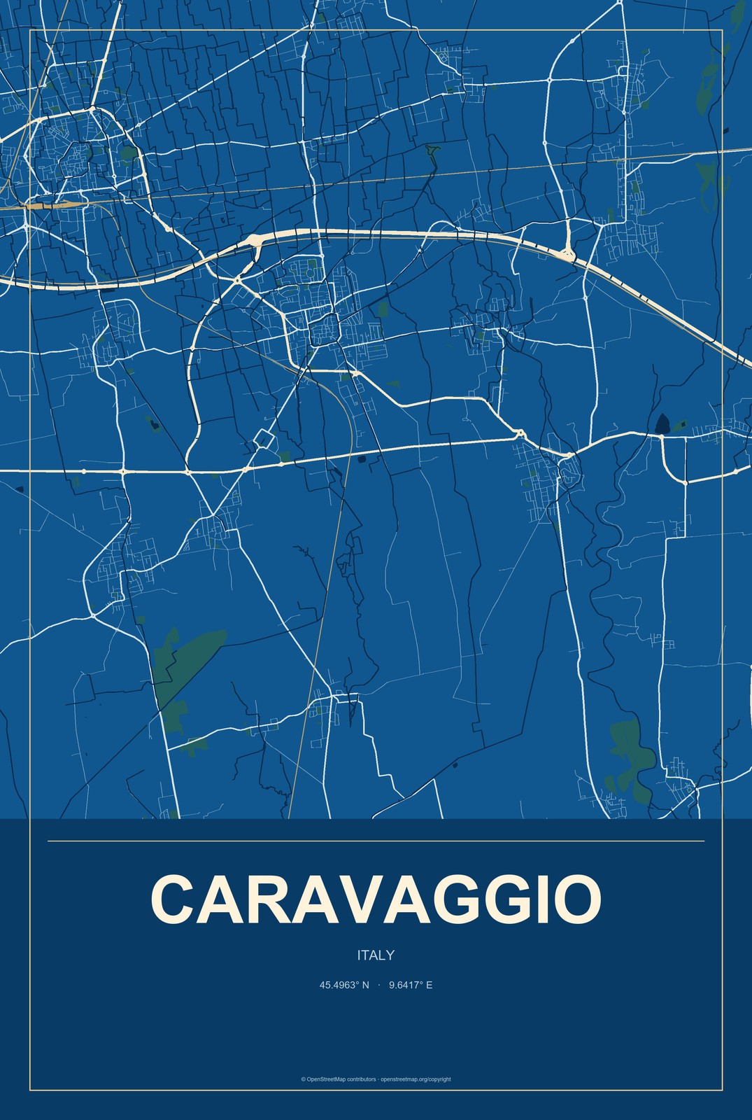 Caravaggio, Italy City Map Aluminum Sign in Harbor Cobalt style
