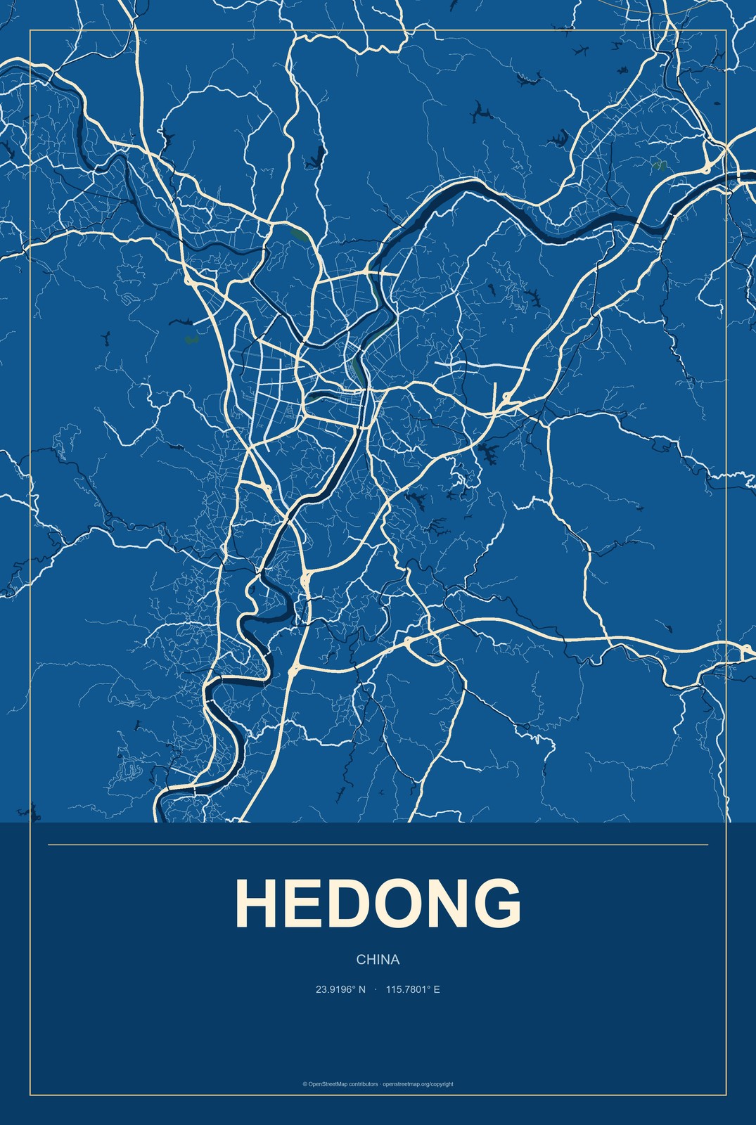Hedong, China City Map Aluminum Sign in Harbor Cobalt style