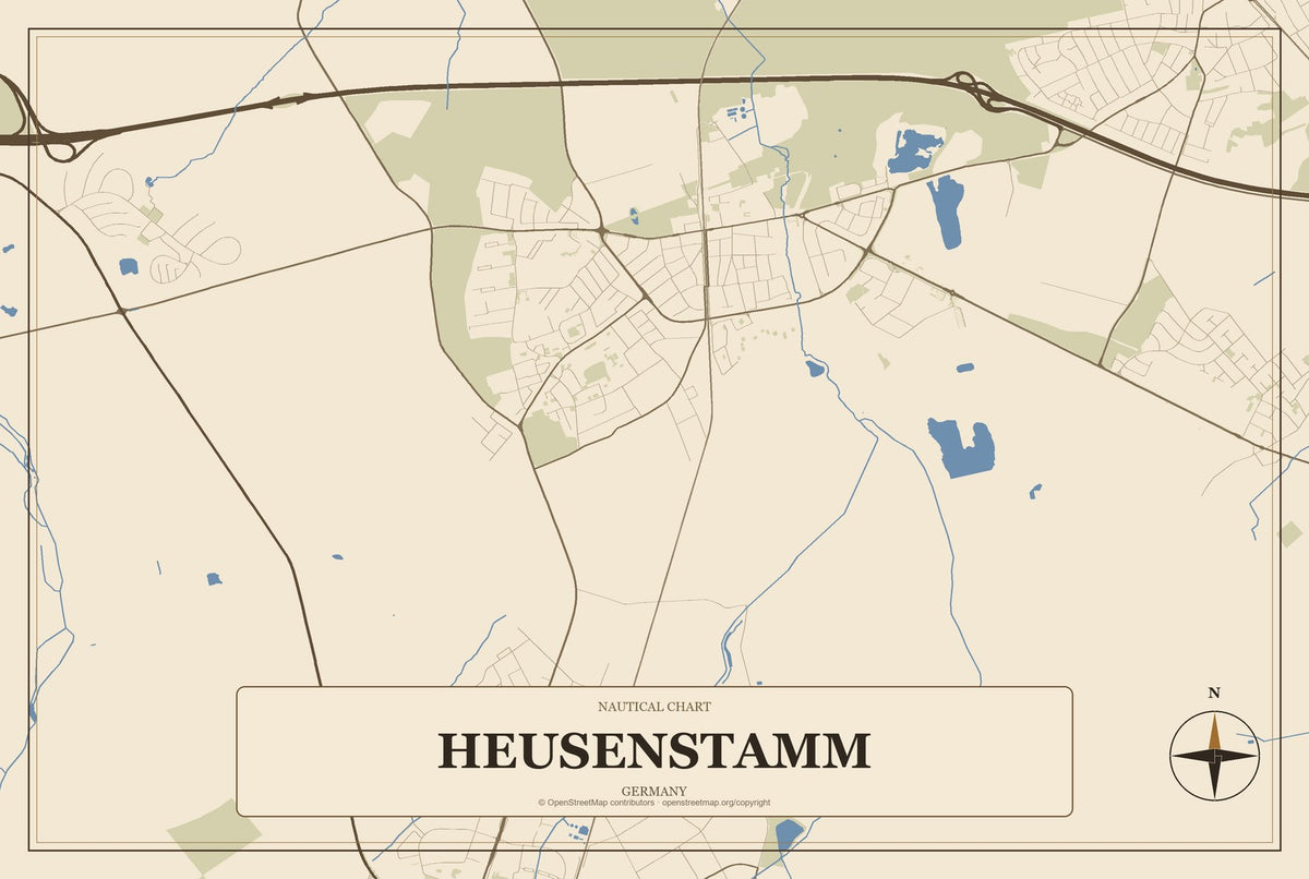 Heusenstamm, Germany City Map Aluminum Sign in Heritage Nautical style