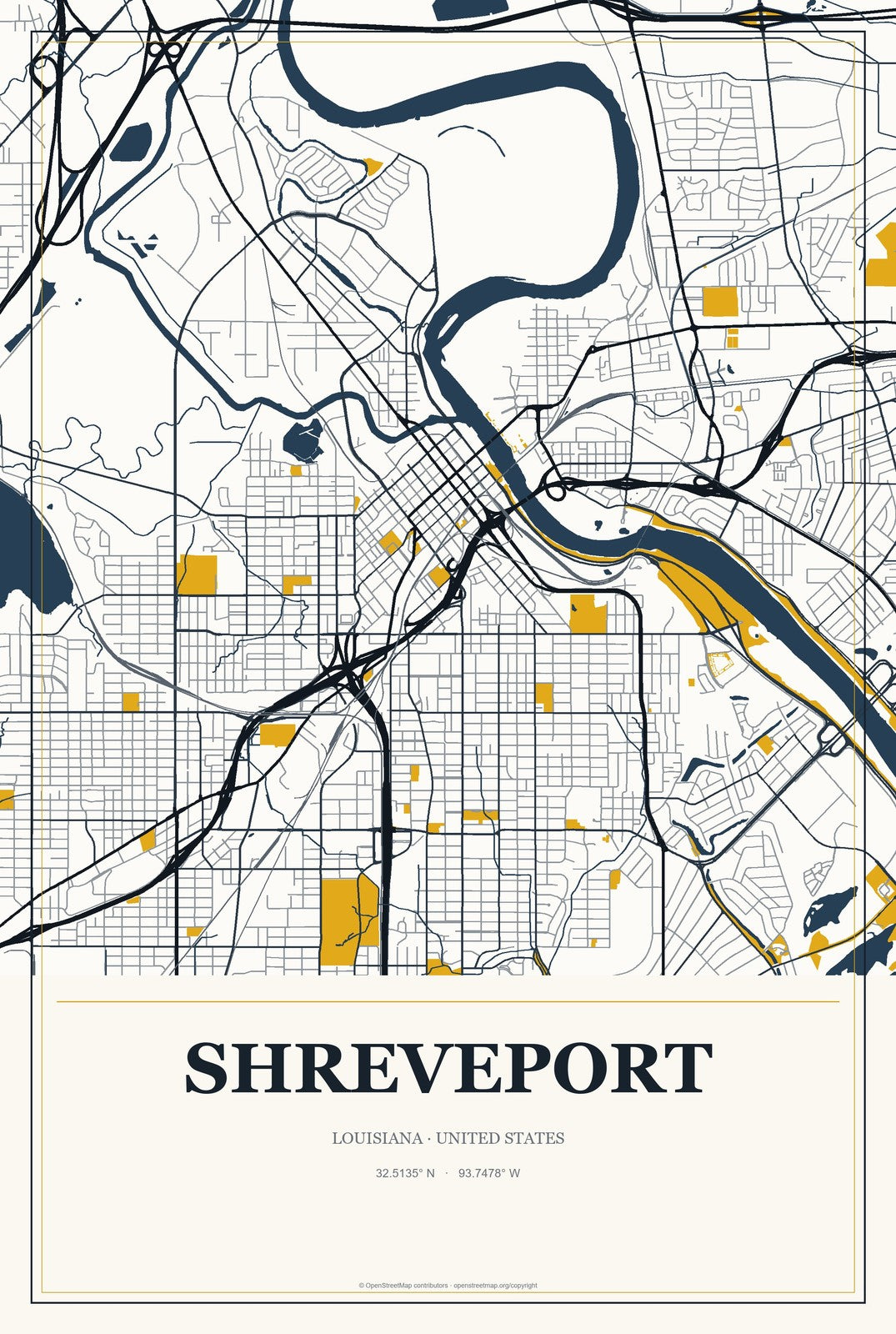 Shreveport, Louisiana City Map Aluminum Sign in Citrine Modern style