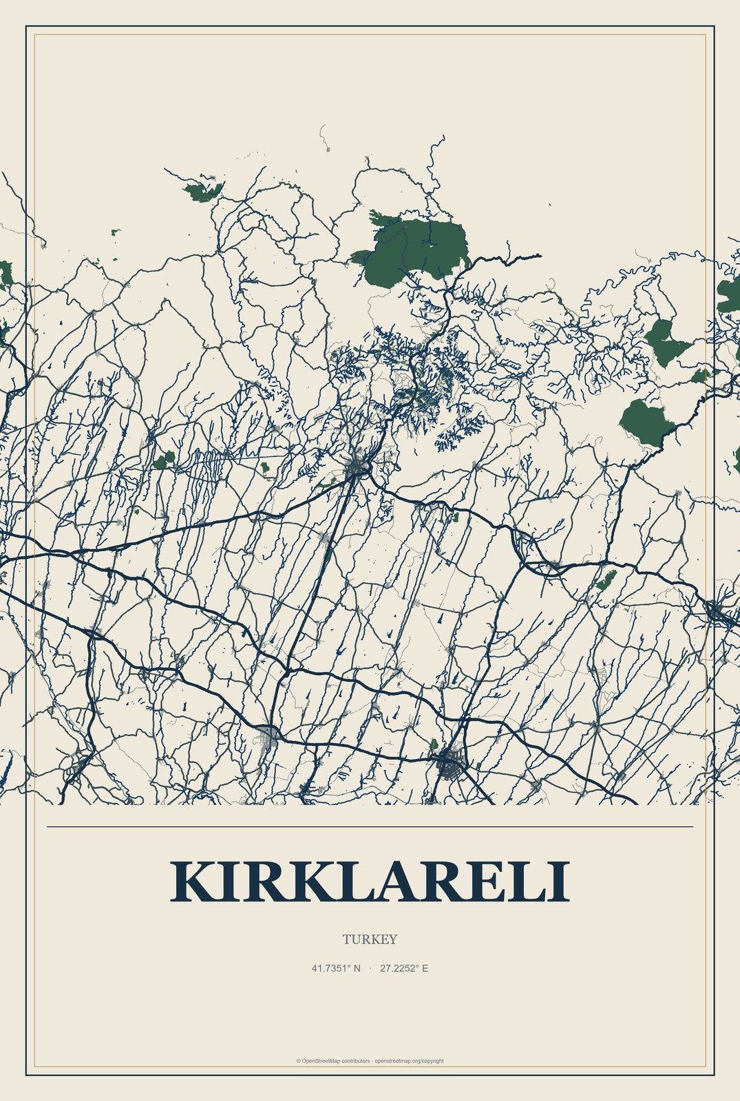 Kırklareli, Turkey City Map Aluminum Sign in Coastal Cutout style
