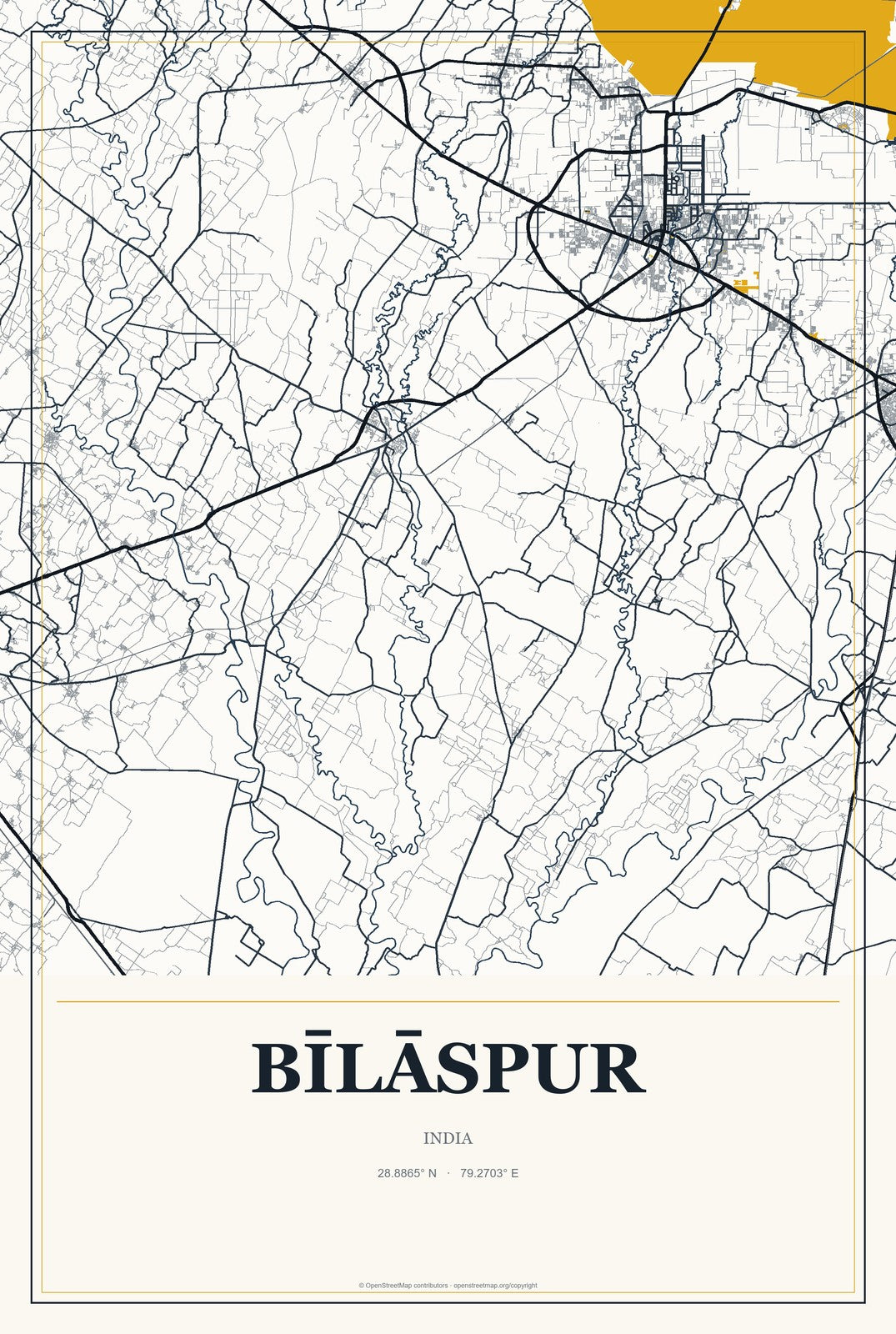 Bīlāspur, India City Map Aluminum Sign in Citrine Modern style
