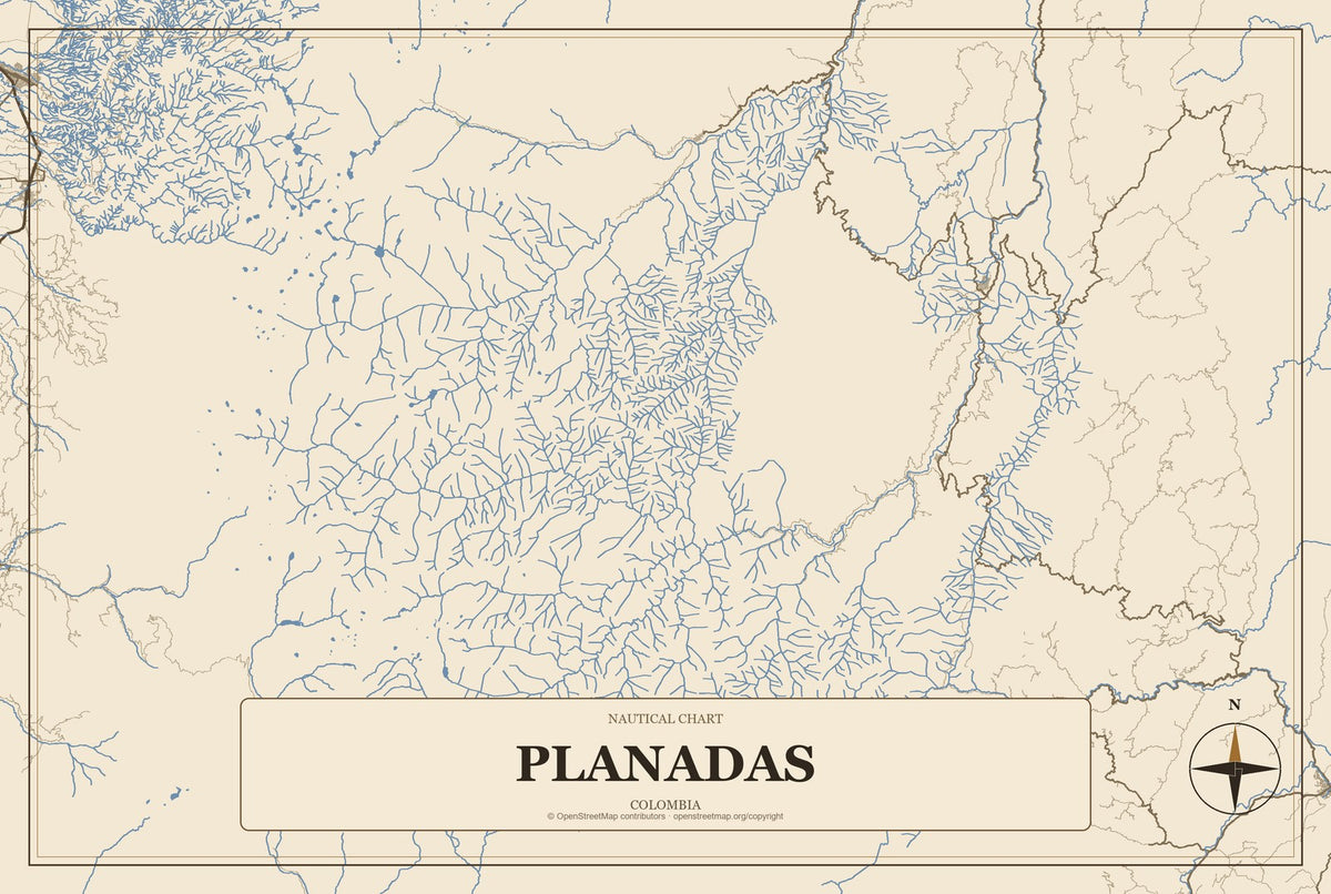 Planadas, Colombia City Map Aluminum Sign in Heritage Nautical style