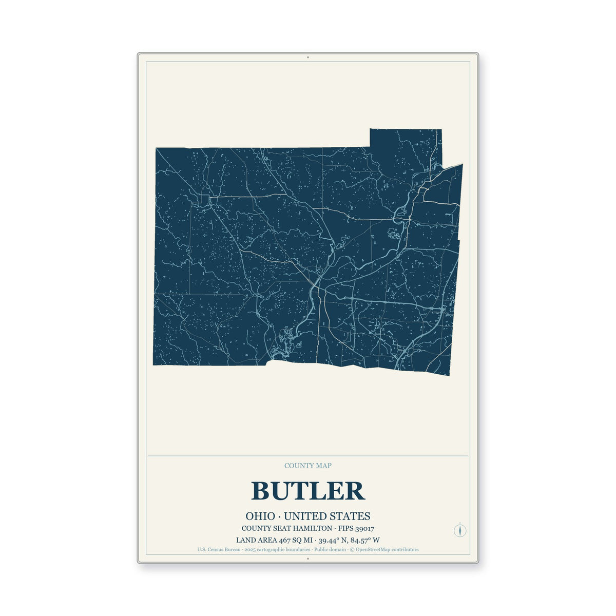 Butler County, Ohio Map Aluminum Sign in Coastal Cutout style