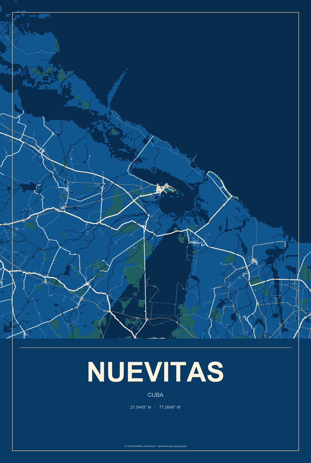 Nuevitas, Cuba City Map Aluminum Sign in Harbor Cobalt style