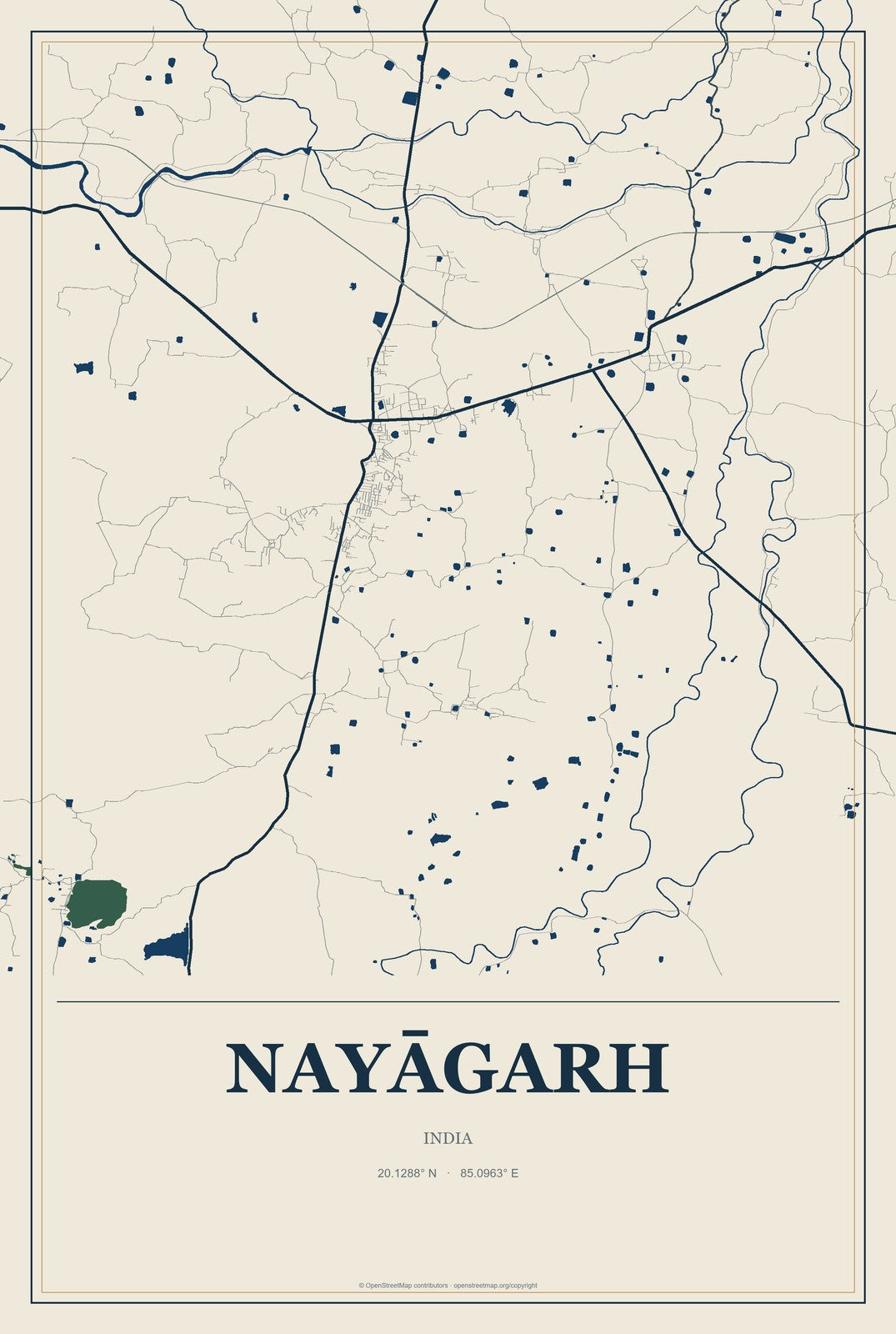 Nayāgarh, India City Map Aluminum Sign in Coastal Cutout style