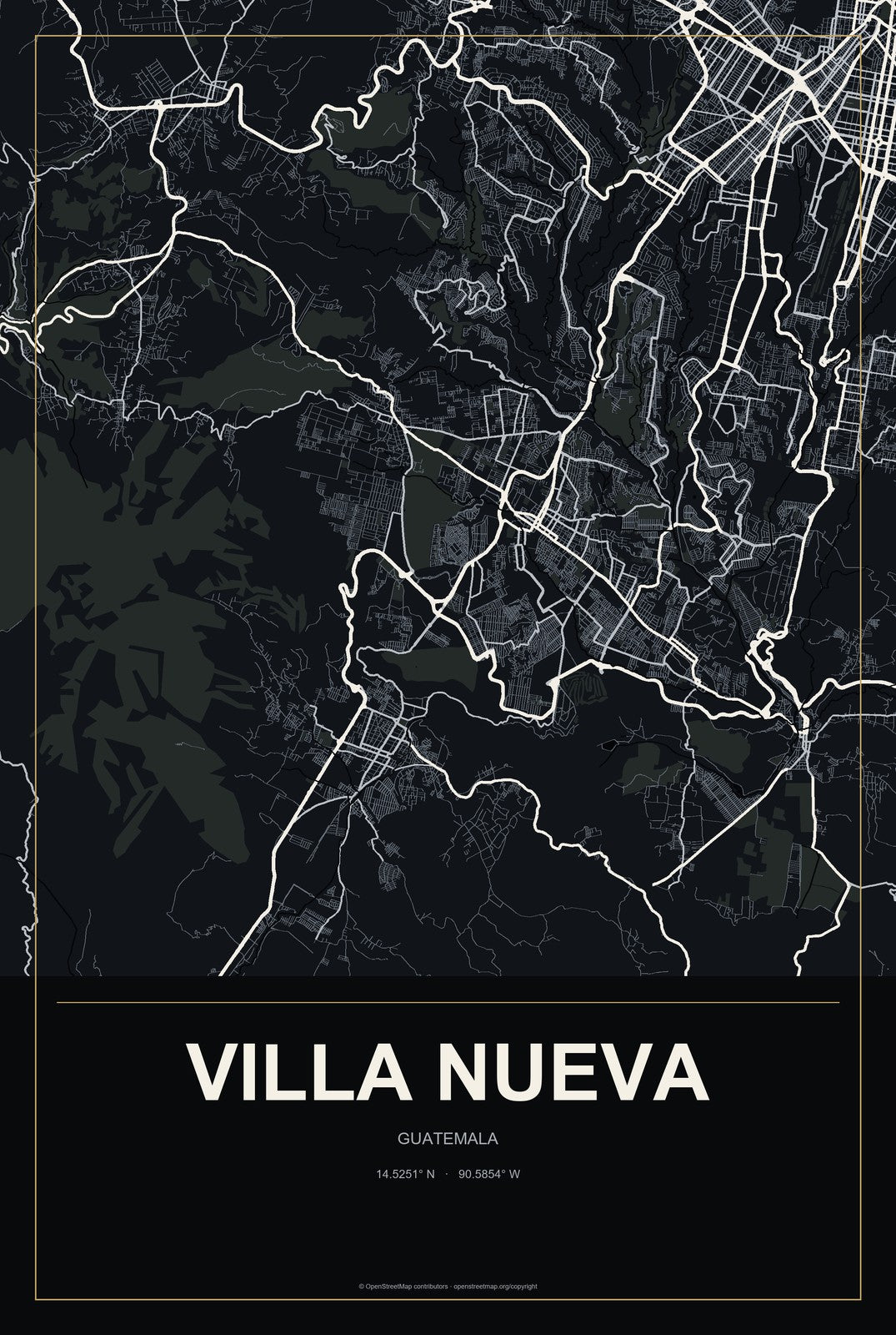 Villa Nueva, Guatemala City Map Aluminum Sign in Metropolitan Noir style