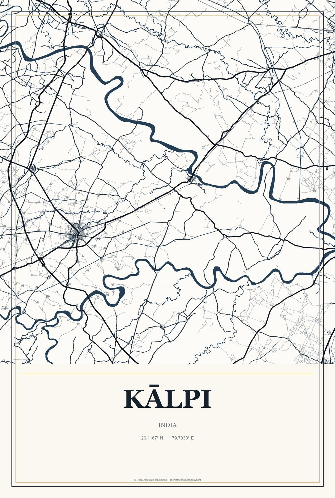 Kālpi, India City Map Aluminum Sign in Citrine Modern style