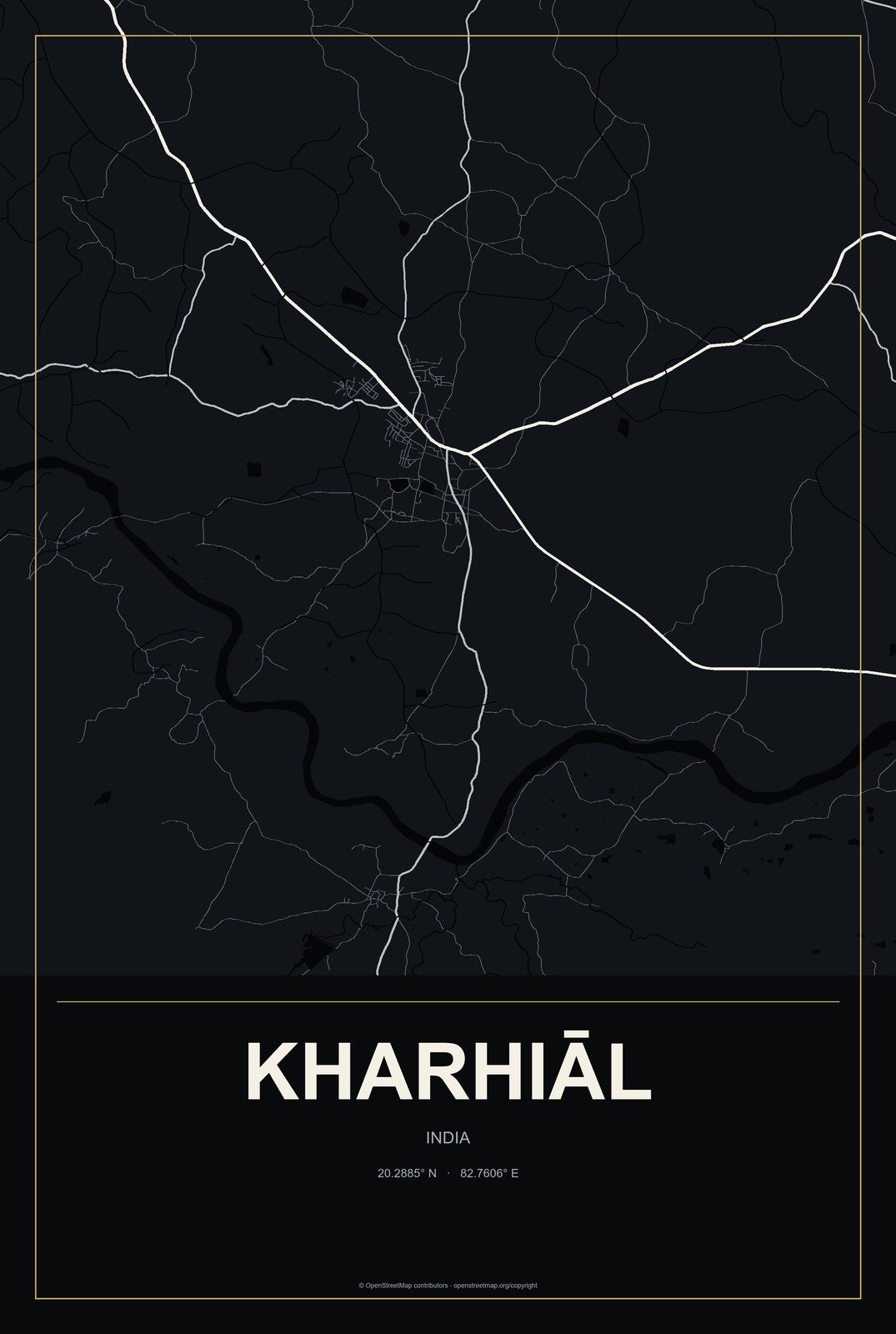 Kharhiāl, India City Map Aluminum Sign in Metropolitan Noir style