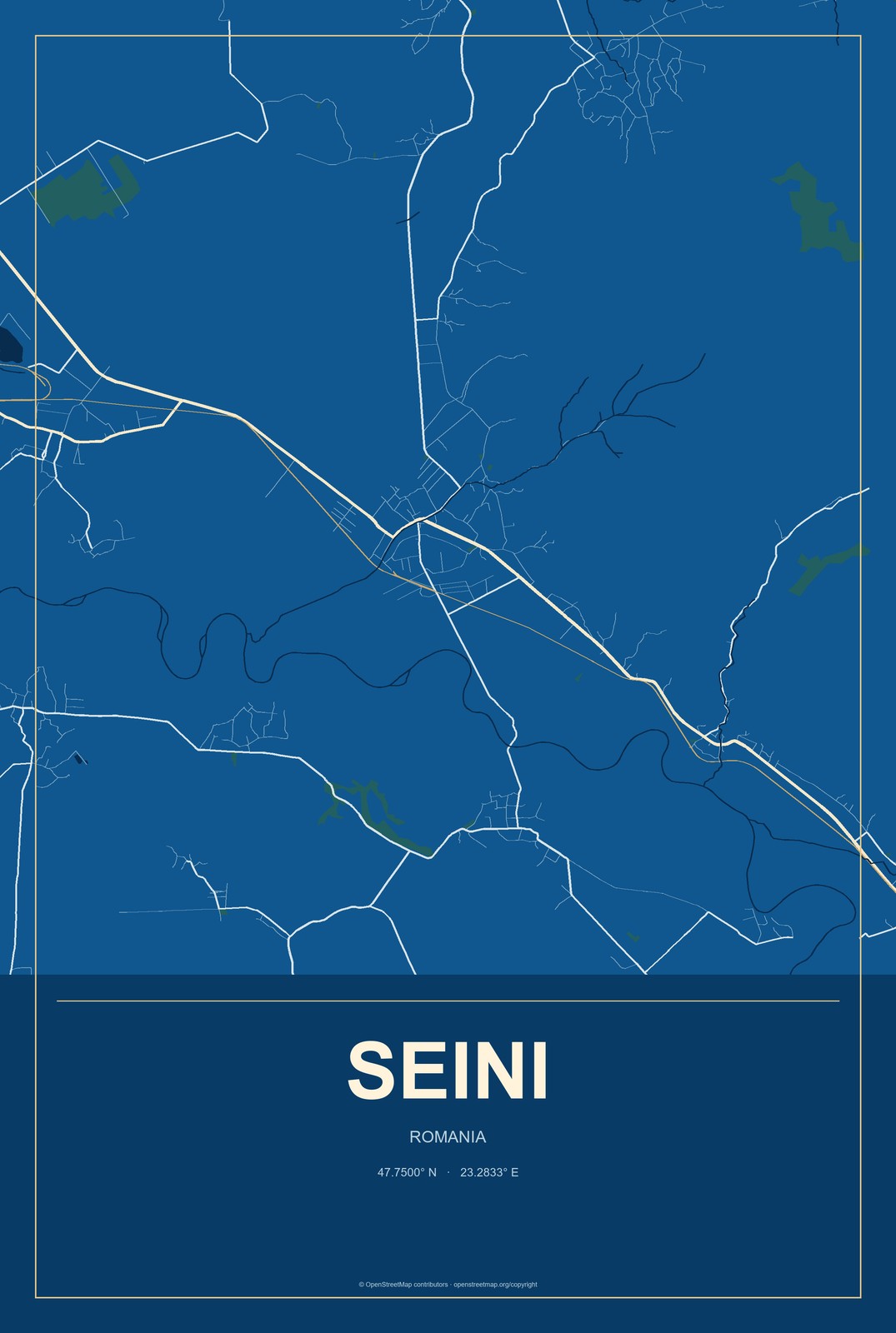 Seini, Romania City Map Aluminum Sign in Harbor Cobalt style