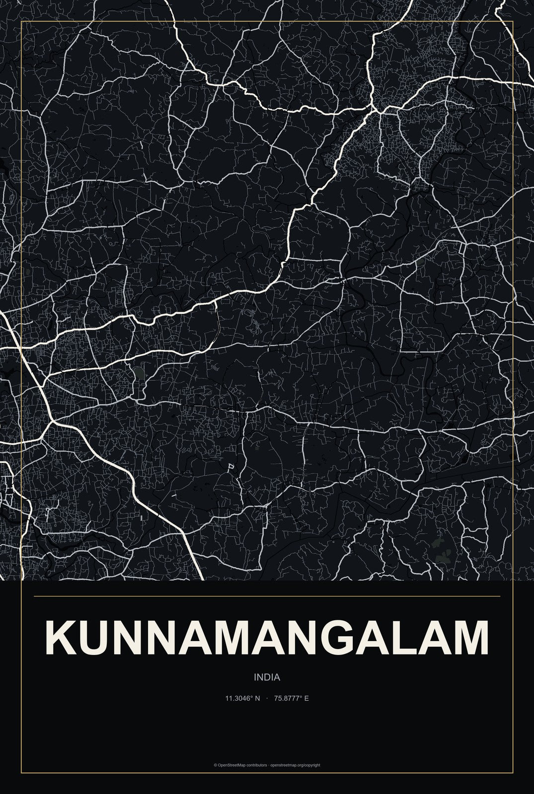 Kunnamangalam, India City Map Aluminum Sign in Metropolitan Noir style